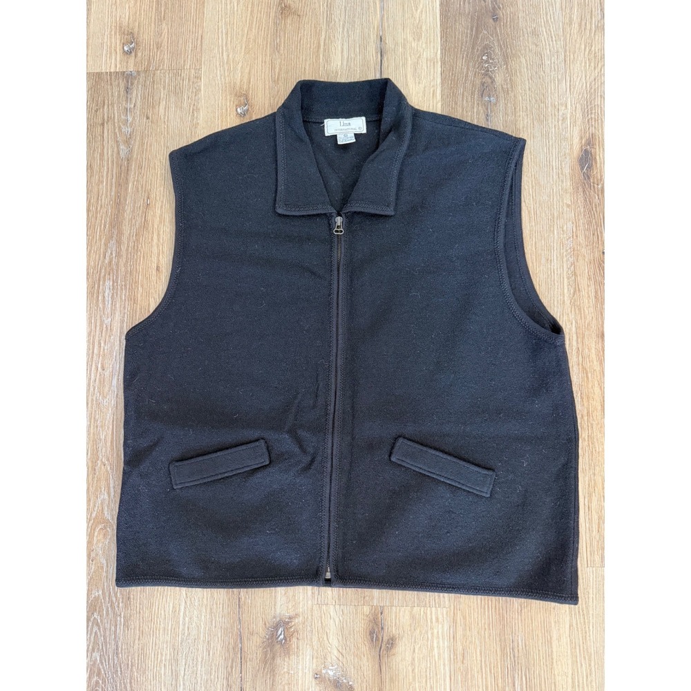 Lisa‎ International Boiled Wool Full Zip Vest Women 2X Black Collared Minimalist
